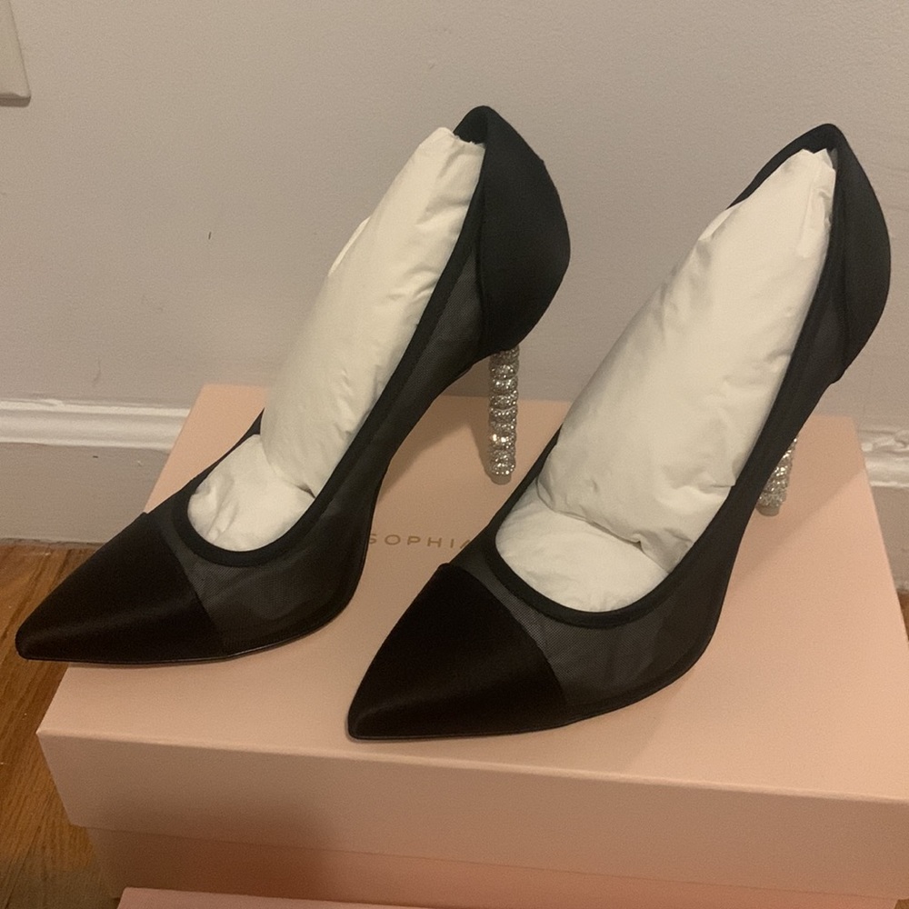 SOPHIA WEBSTER Jasmine Crystal Black Pump, embellished heel, black satin / mesh